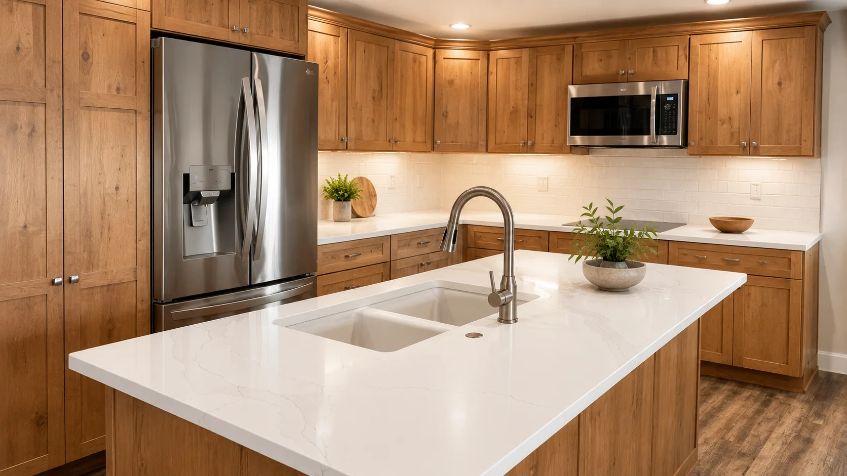 Premium white stone kitchen countertop installation with wood cabinetry — Precision Granite Works serving NH builders and contractors