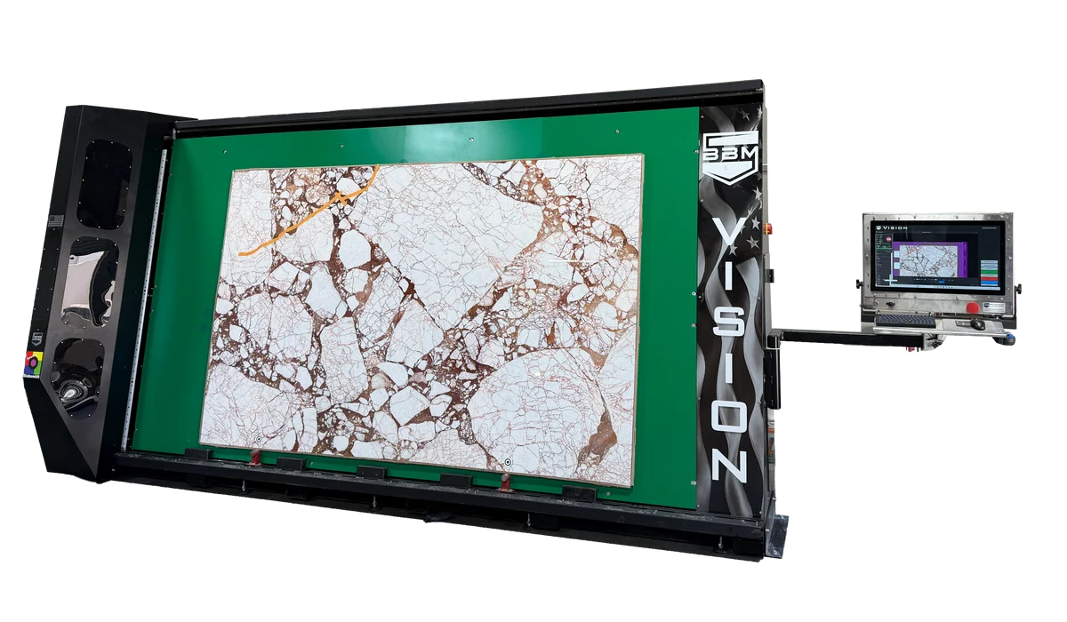 Better Built Machines BBM Vision slab scanner with a stone slab on its scanning bed and a separate control screen.