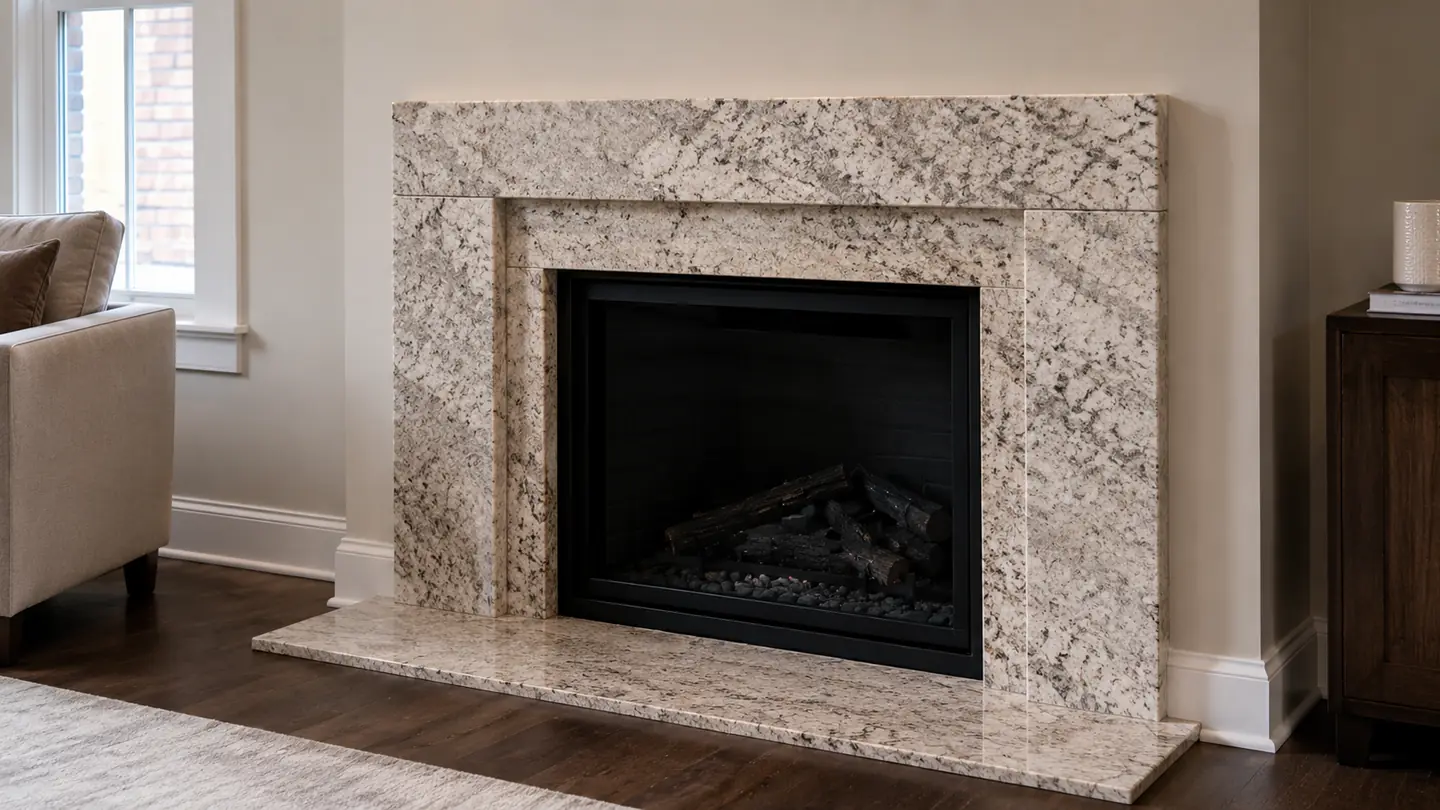Granite fireplace surround and hearth in a New Hampshire living room