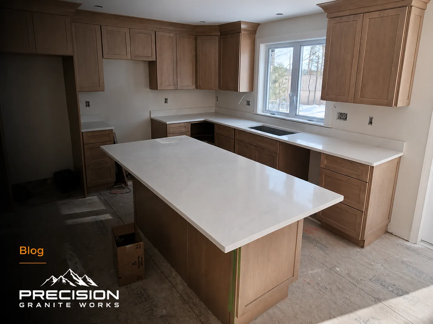 Quartz countertops installed in a new kitchen build in New Hampshire