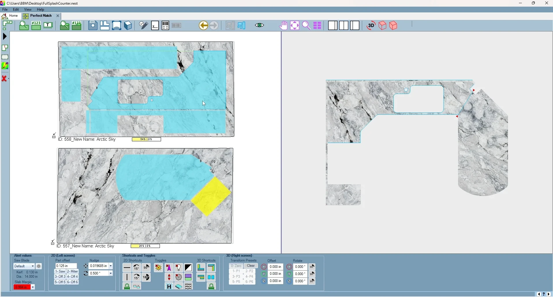 Manufacturer software example showing countertop pieces positioned over two stone slab images on the left and the assembled countertop layout on the right.