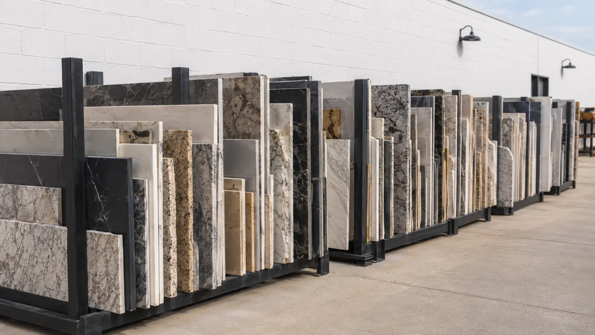 Stone remnant slabs on display at Precision Granite Works in Epsom, NH