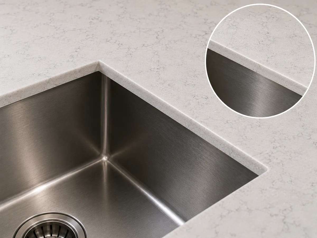 Negative reveal diagram — stone edge overhangs into the sink basin