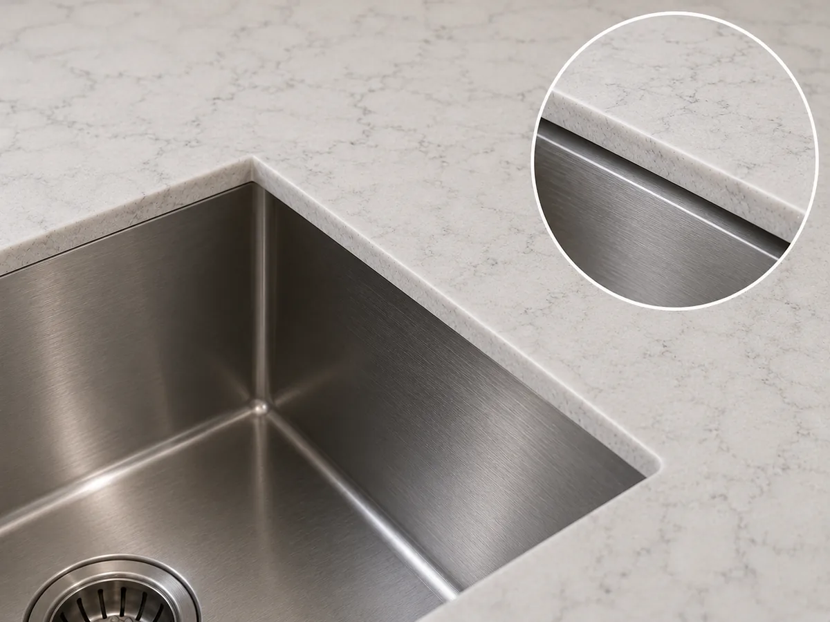 Zero flush reveal diagram — stone edge flush with inside of sink bowl wall