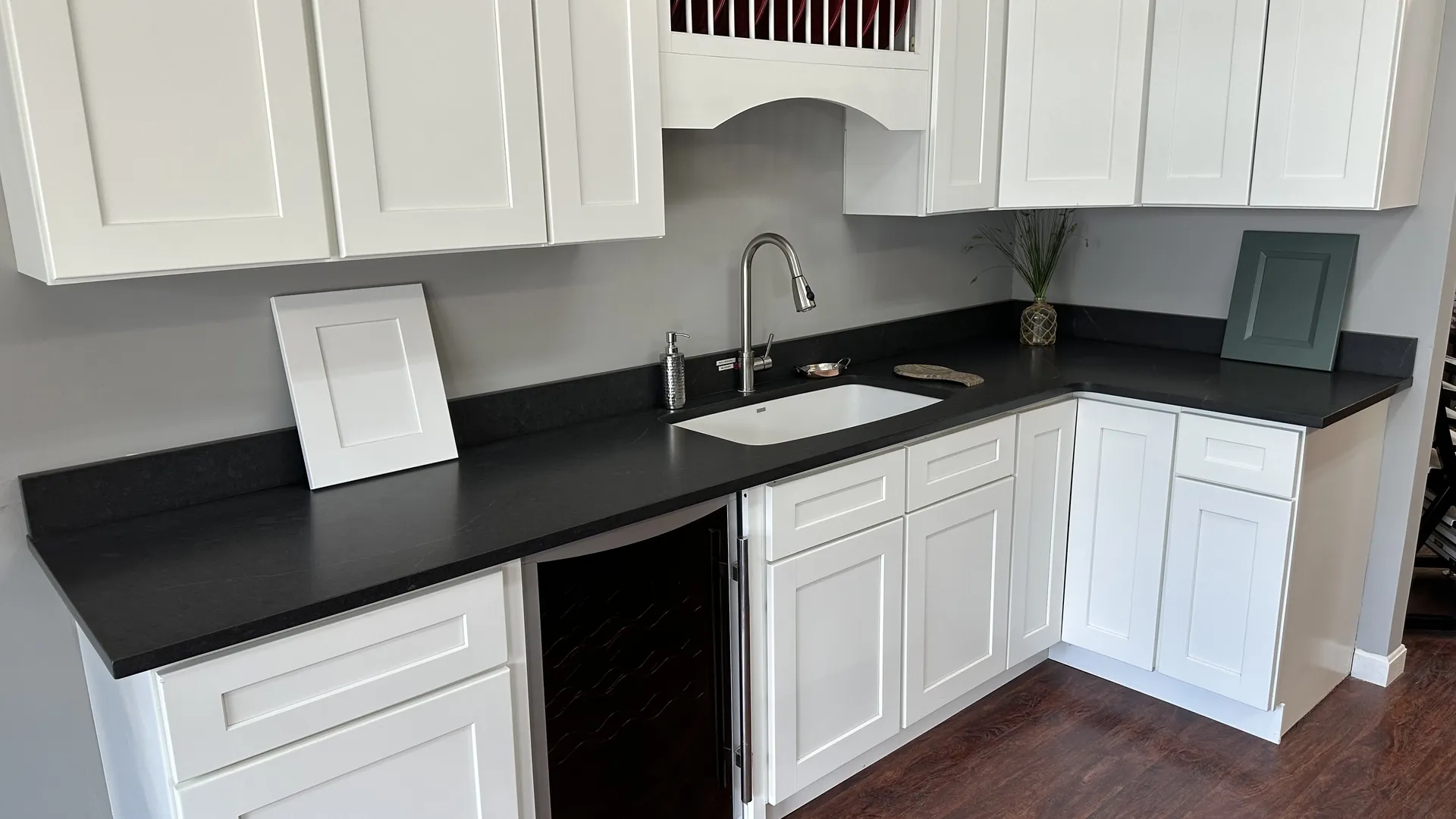 Dark soapstone kitchen countertops with matte finish in a New Hampshire home